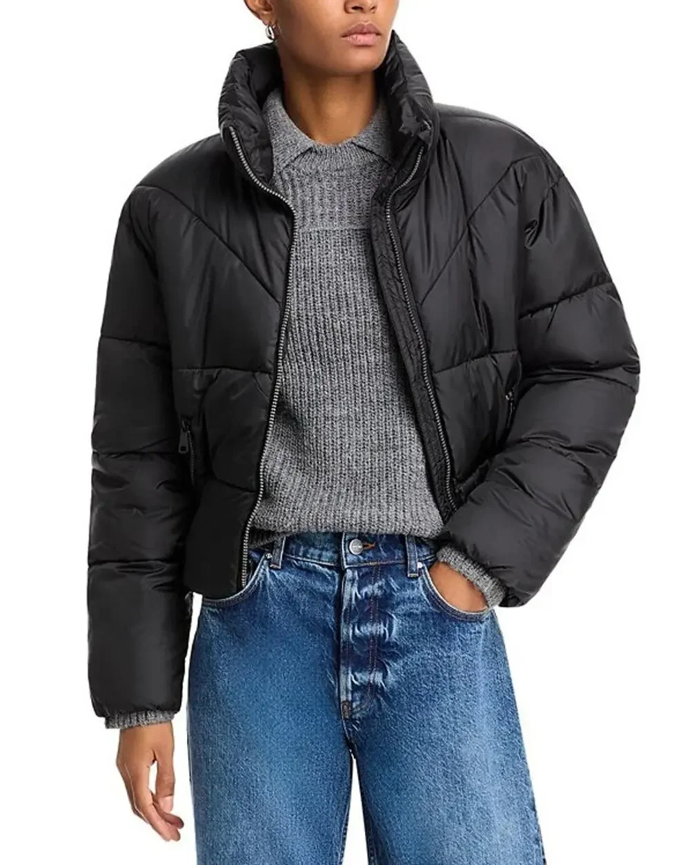 AQUA Women Black Athletic Cire Crop Pad Short Boxy Winter Puffer Coat Size M